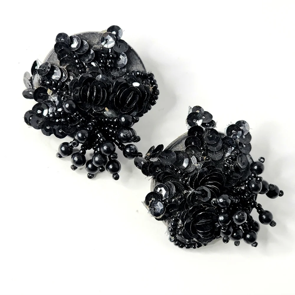Vintage 80's Black Beaded Big Applique Earrings